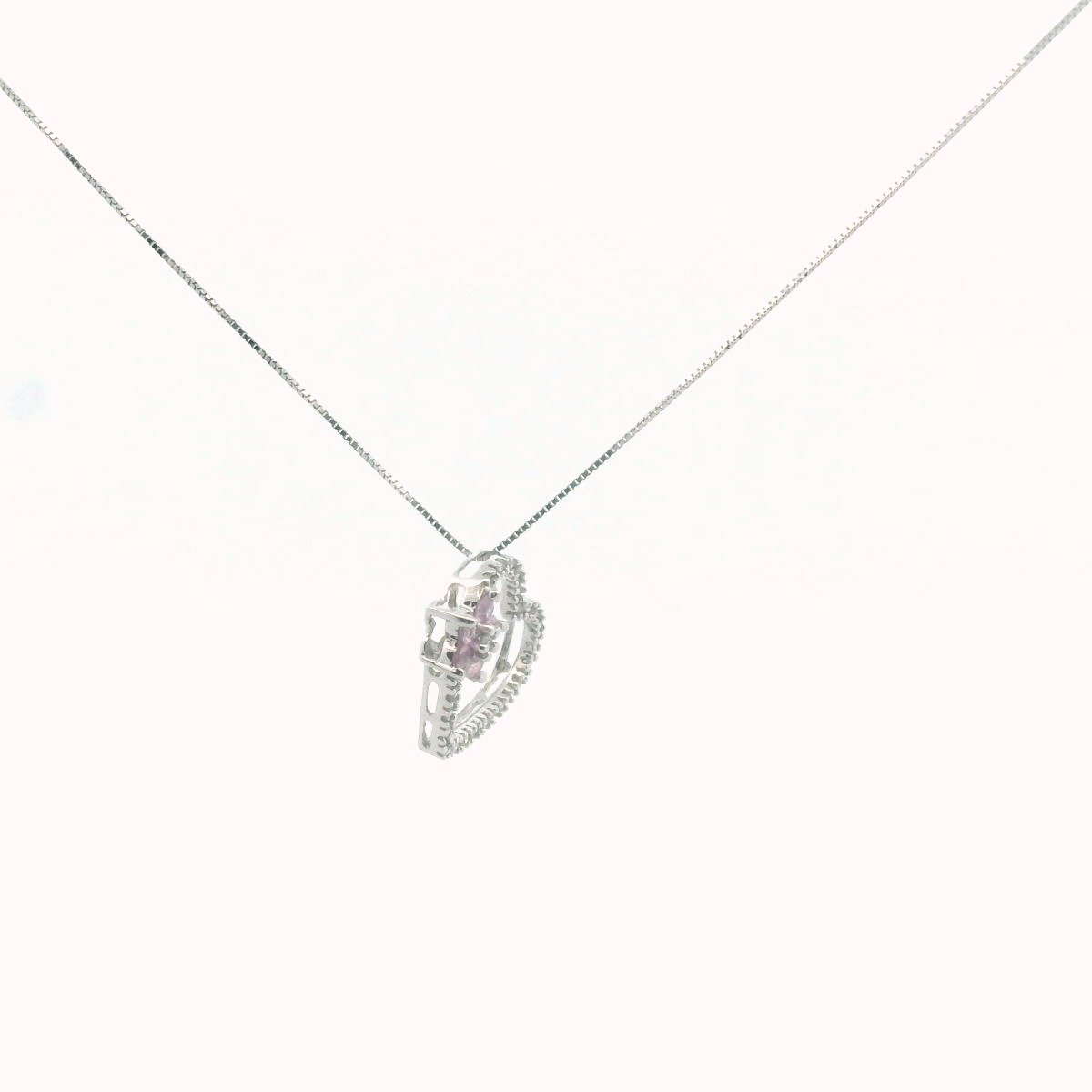 14K White Gold Diamond & Pink Sapphire Heart & Flower Necklace