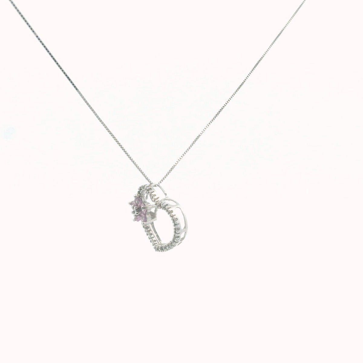 14K White Gold Diamond & Pink Sapphire Heart & Flower Necklace