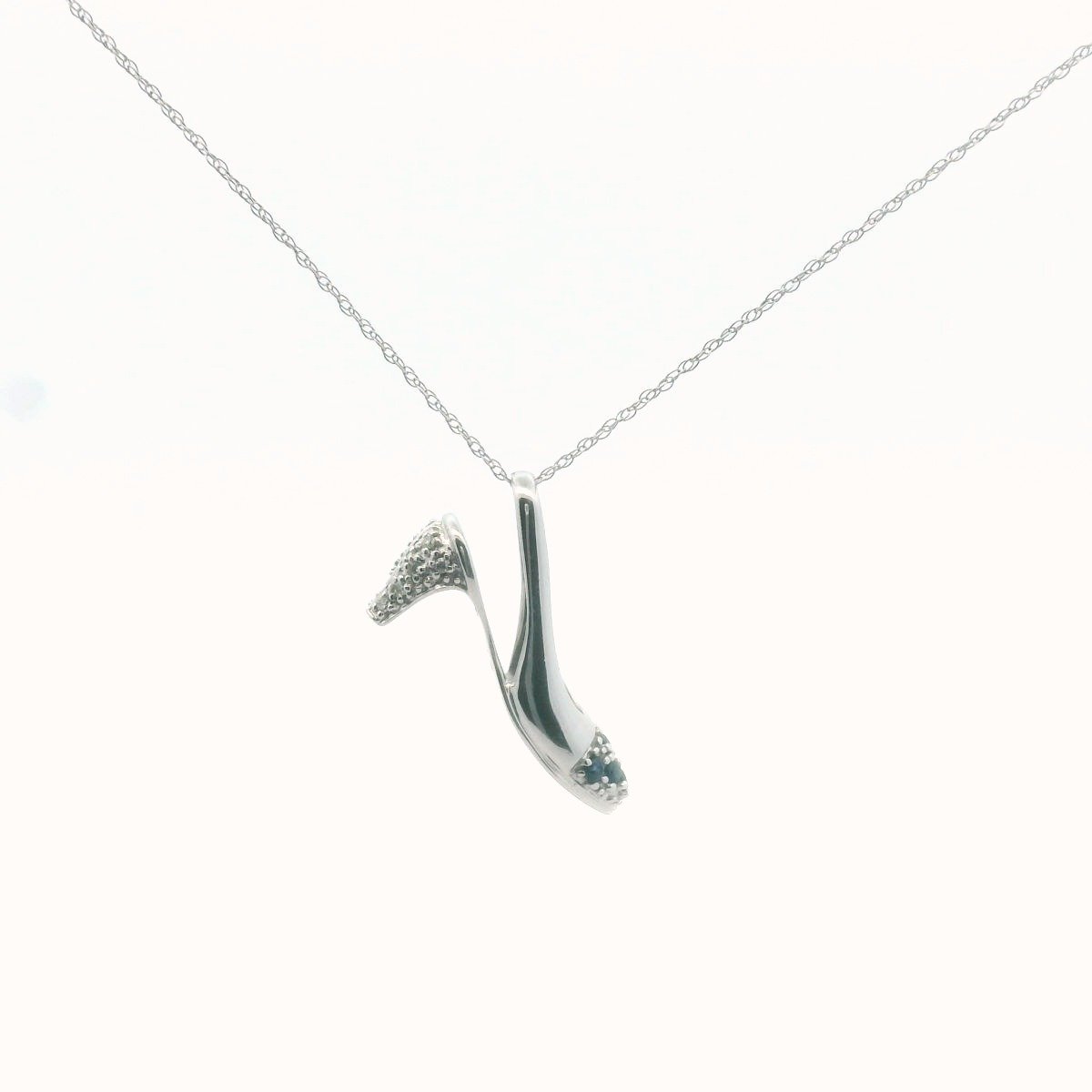 10K White Gold Diamond & Sapphire High Heel Pendant Necklace