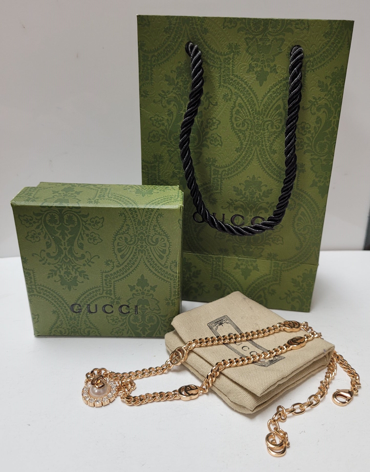 Gucci Rose Gold-Tone Base Metal Faux Pearl GG Link Necklace