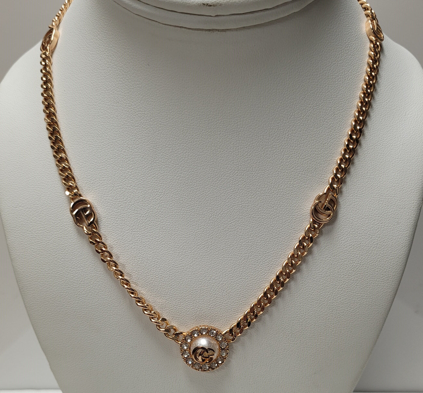 Gucci Rose Gold-Tone Base Metal Faux Pearl GG Link Necklace