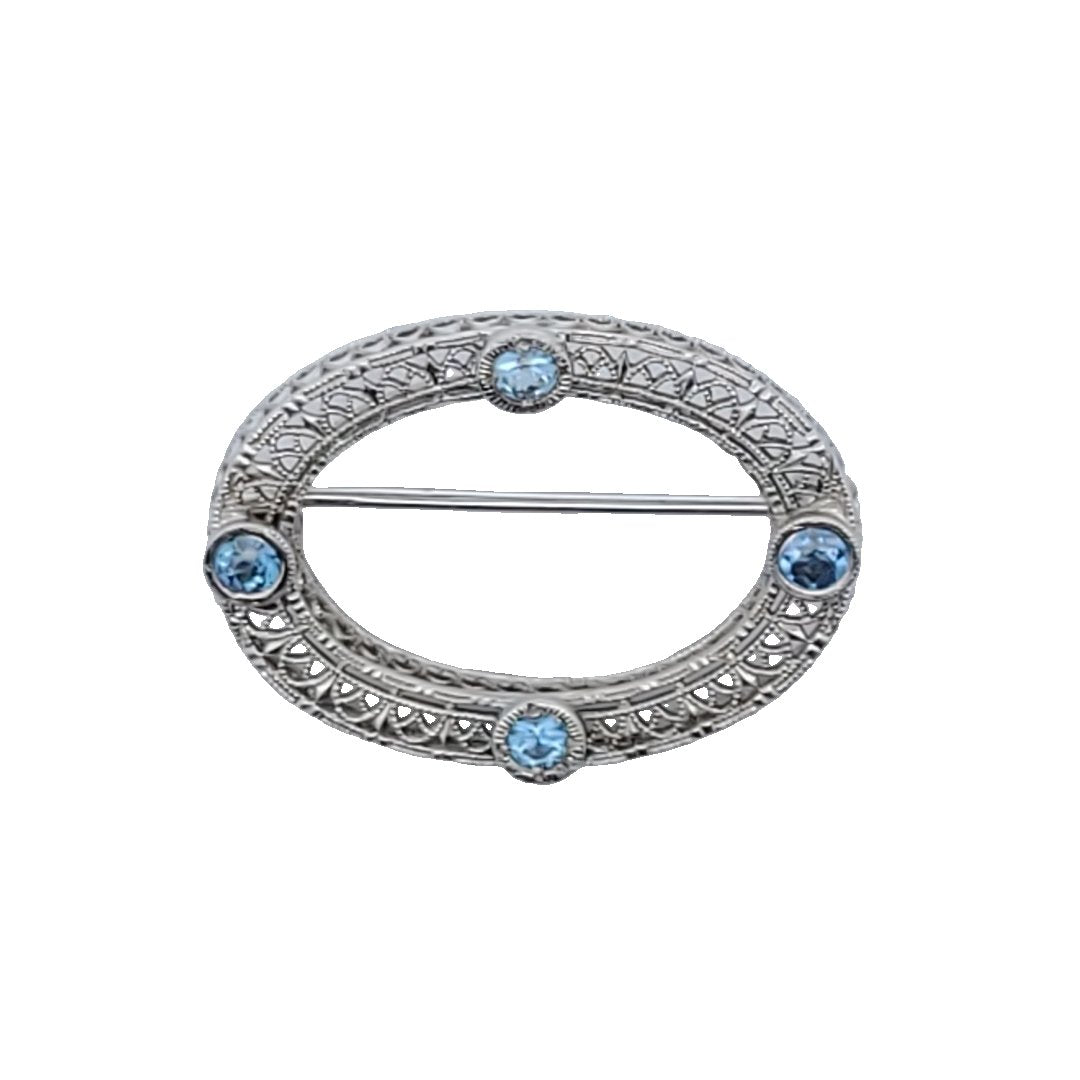 Antique Edwardian 14K White Gold Aquamarine Filigree Brooch