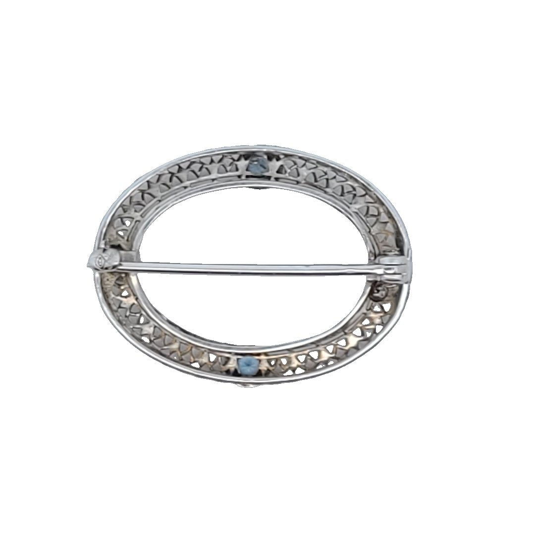 Antique Edwardian 14K White Gold Aquamarine Filigree Brooch