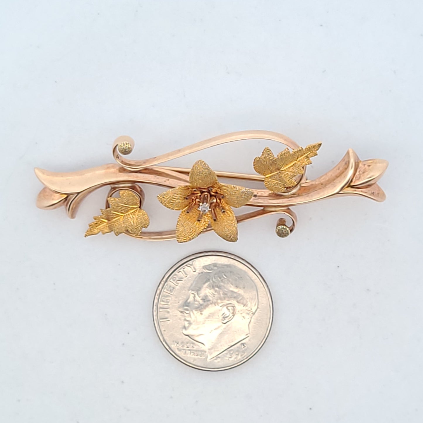 10K Yellow Gold Rose Cut Diamond Floral Brooch