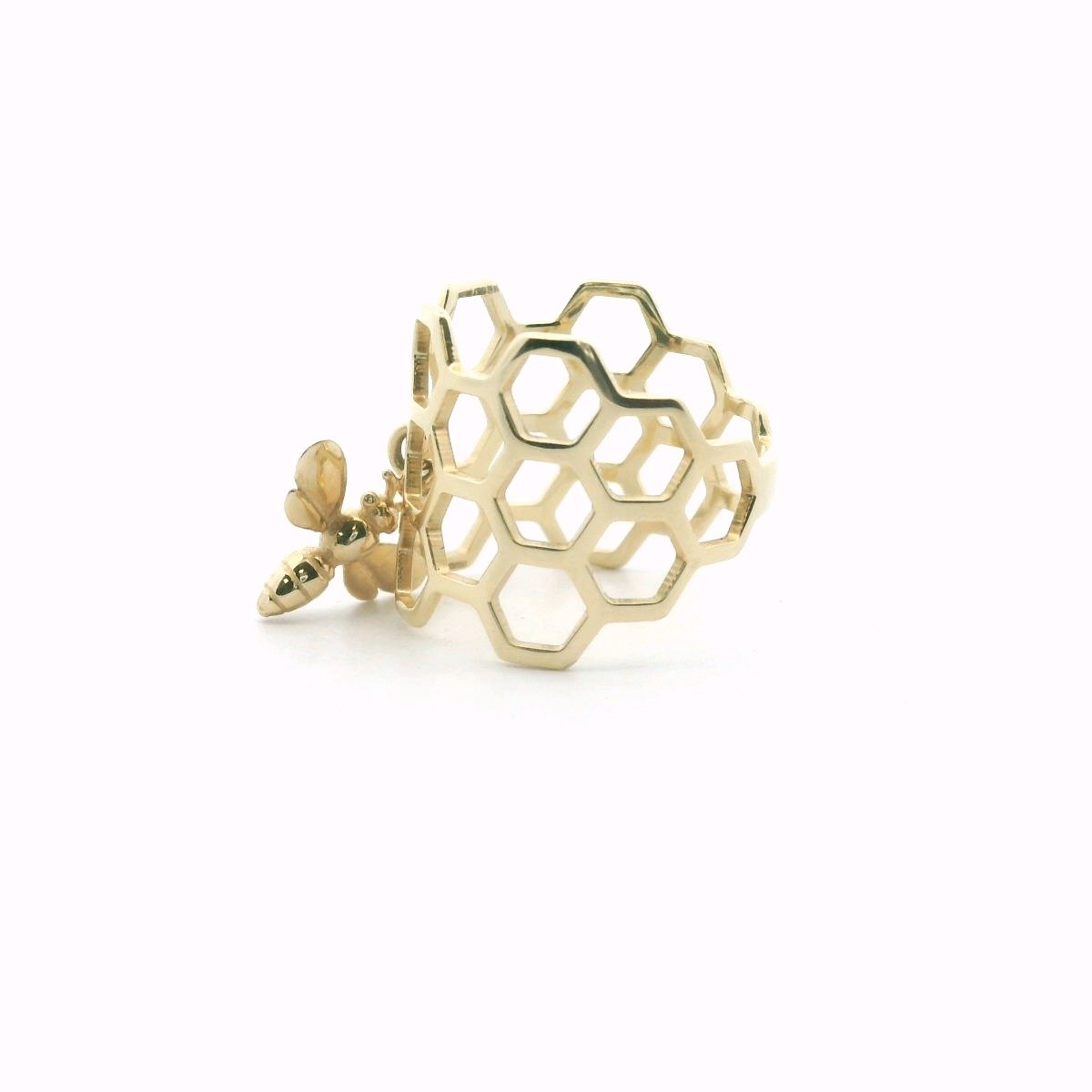 10K Yellow Gold Honey Comb & Bee Charm Ring