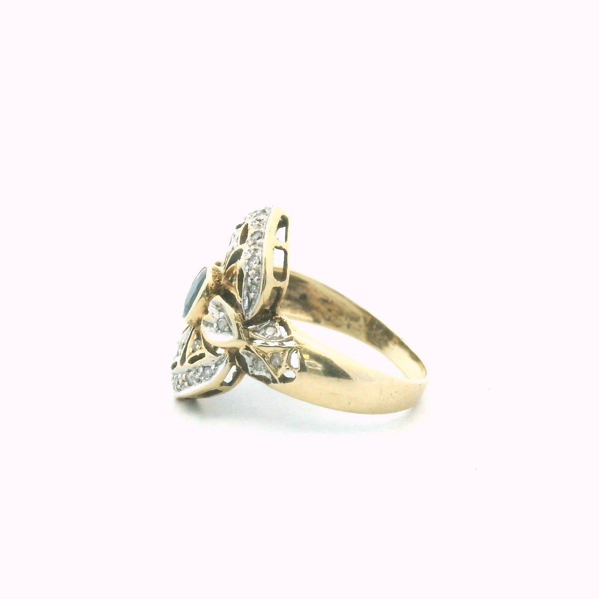 14K Two Tone Gold Diamond & Sapphire Plaque Ring
