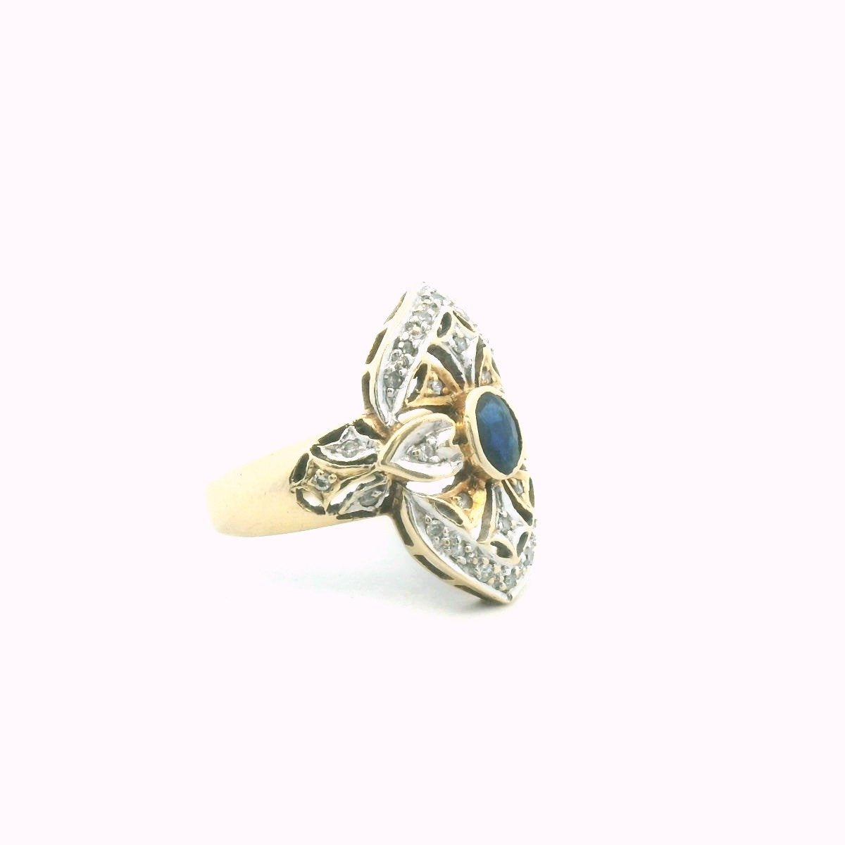14K Two Tone Gold Diamond & Sapphire Plaque Ring