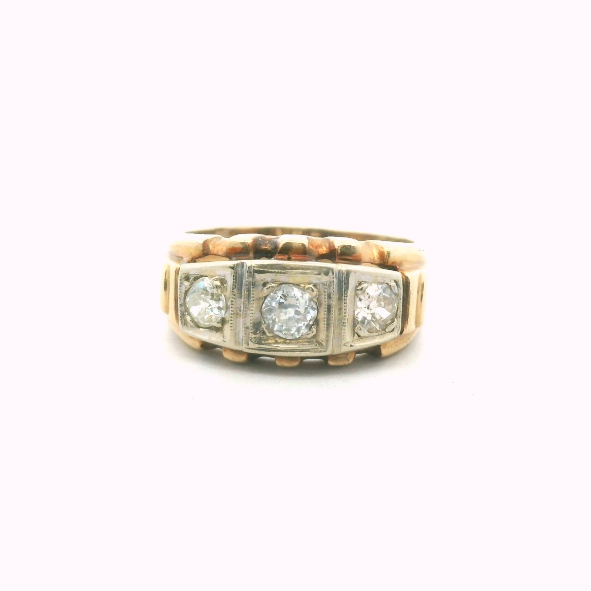 Vintage 14K Two Tone Gold Mens 3-Stone Diamond Ring
