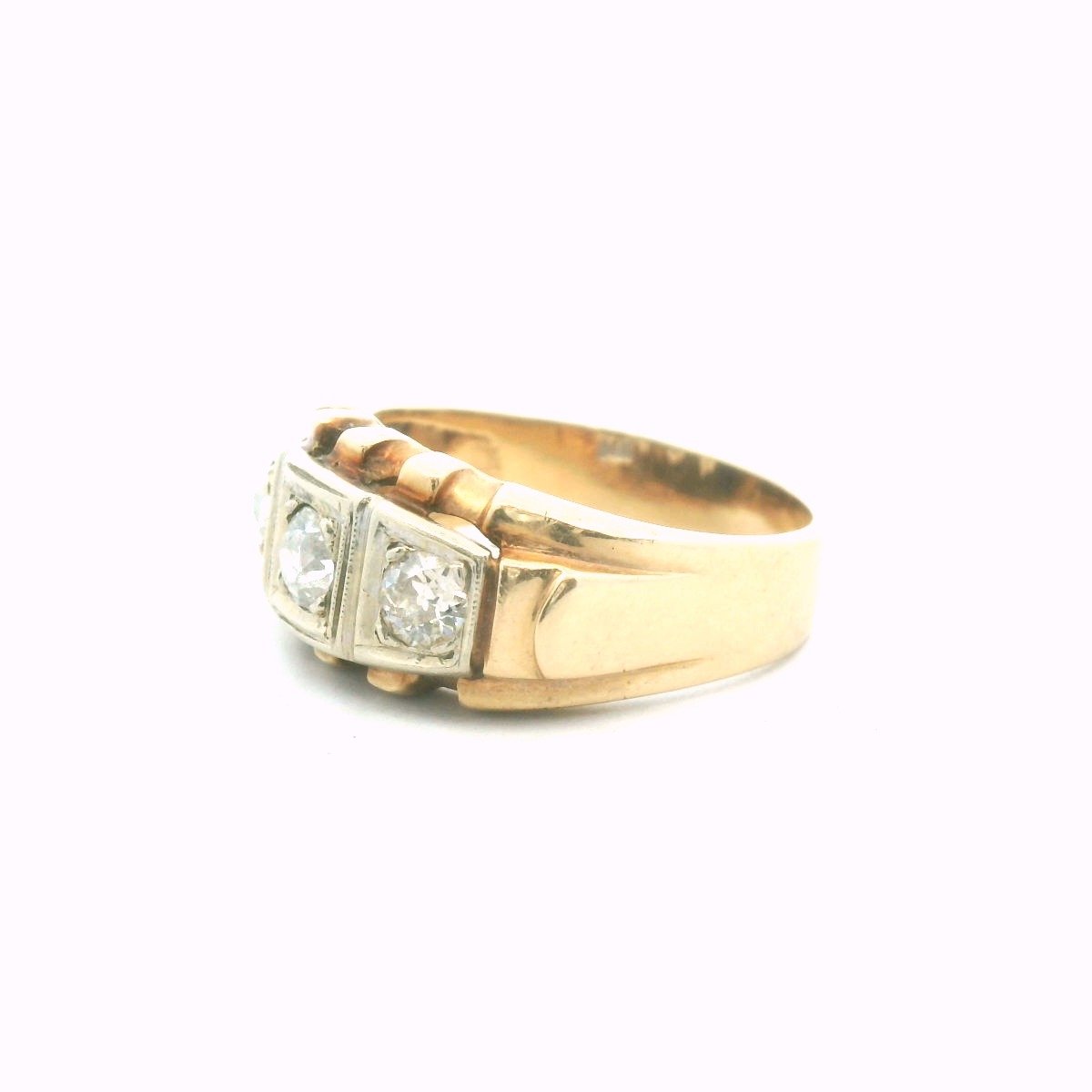Vintage 14K Two Tone Gold Mens 3-Stone Diamond Ring