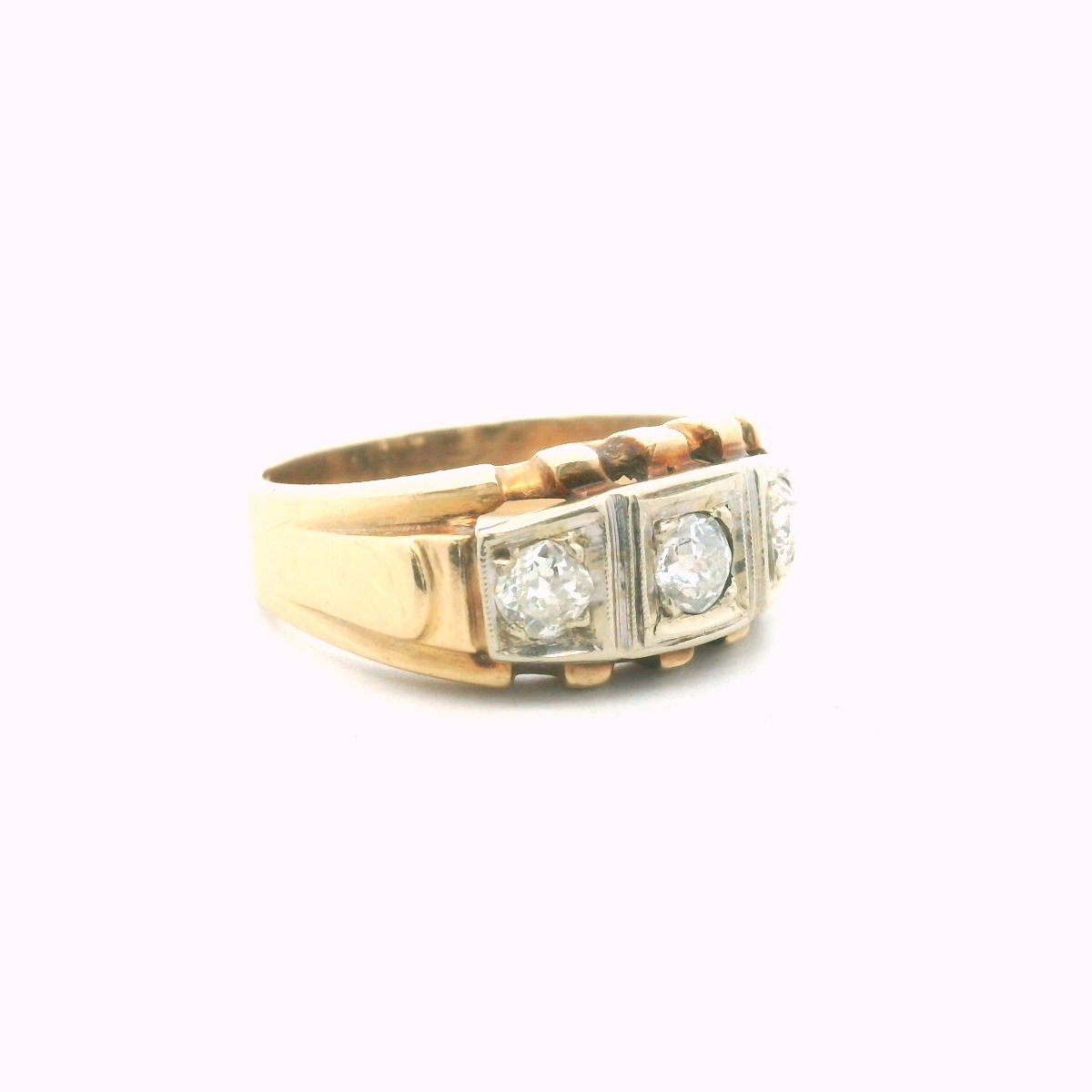 Vintage 14K Two Tone Gold Mens 3-Stone Diamond Ring