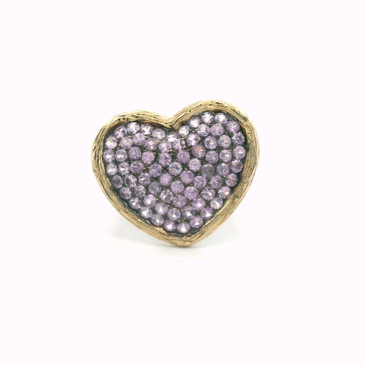 14K Yellow Gold Pave Set Pink Sapphire Textured Heart Ring