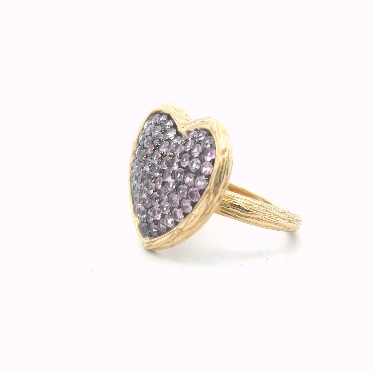 14K Yellow Gold Pave Set Pink Sapphire Textured Heart Ring
