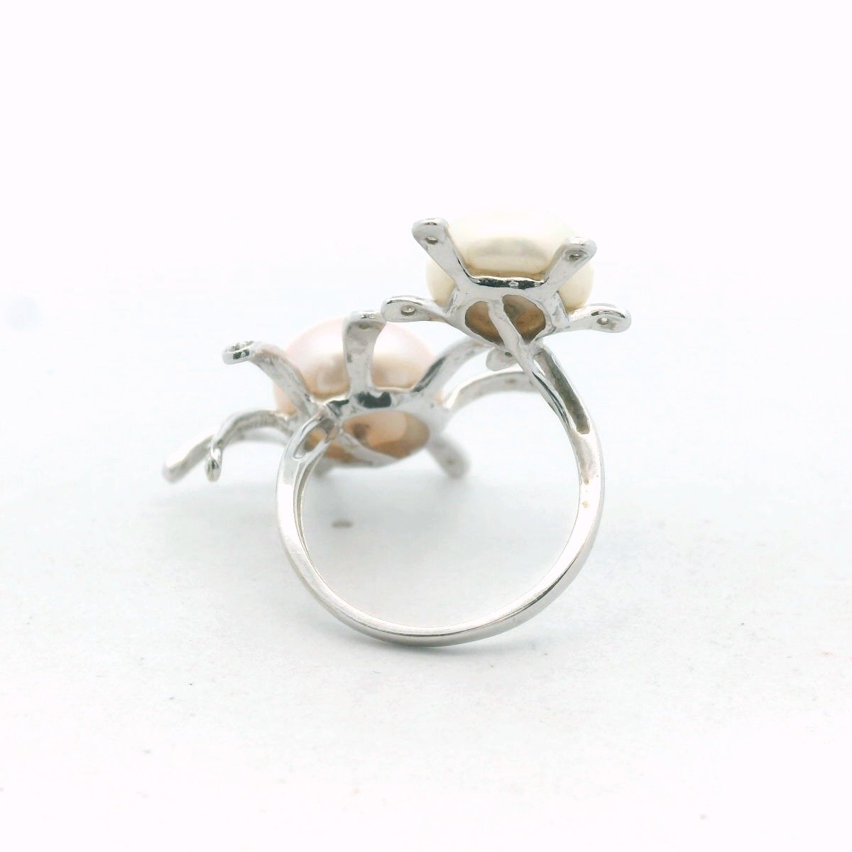 14K White Gold Diamond & Cultured Button Pearl Flower Ring
