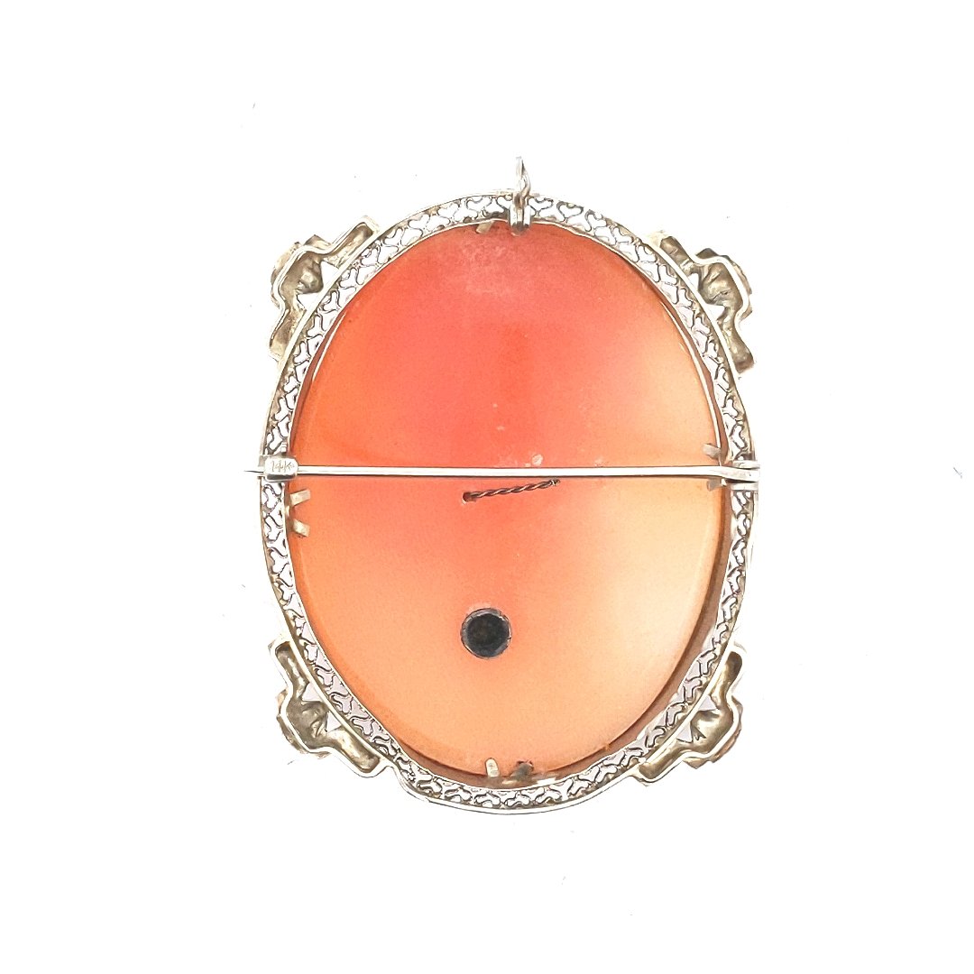Antique $700 14K White Gold Carved Shell Cameo Diamond Brooch
