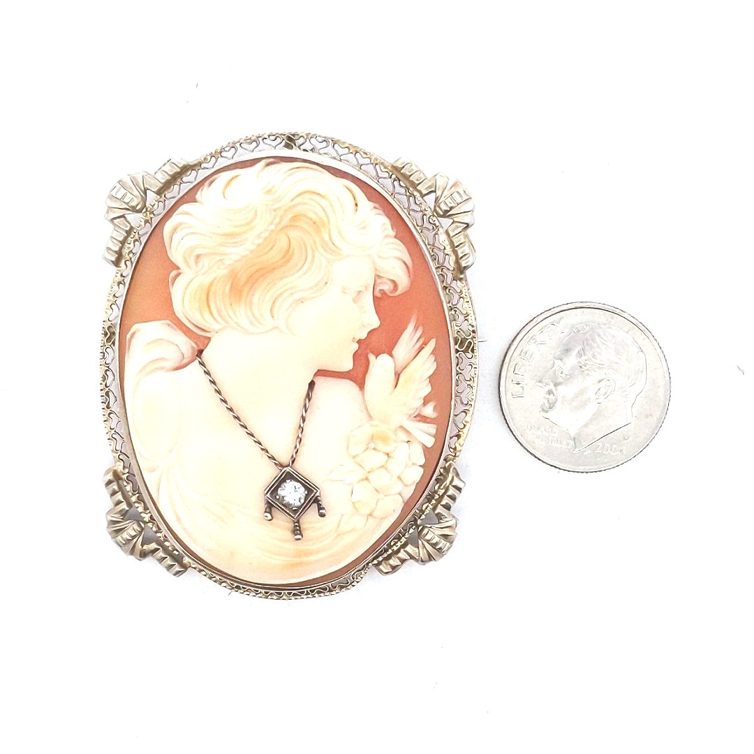 Antique $700 14K White Gold Carved Shell Cameo Diamond Brooch