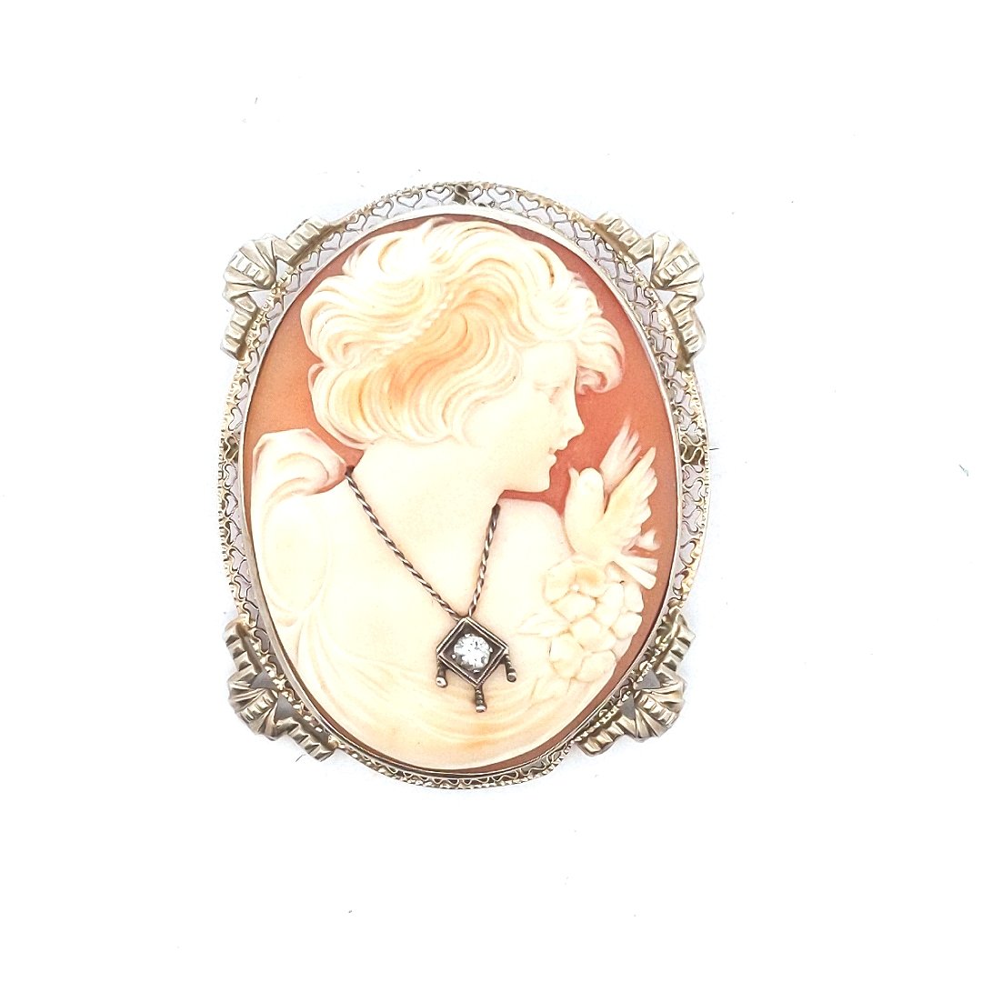 Antique $700 14K White Gold Carved Shell Cameo Diamond Brooch