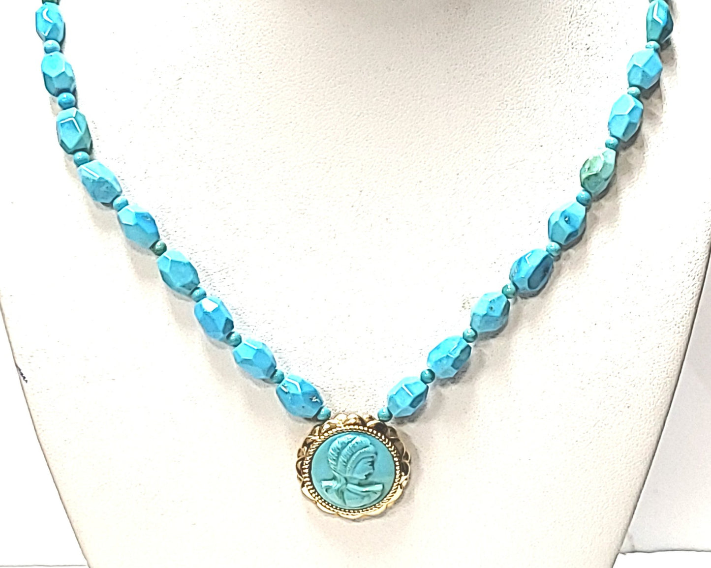 14K Yellow Gold Faceted Turquoise Bead & Cameo Necklace
