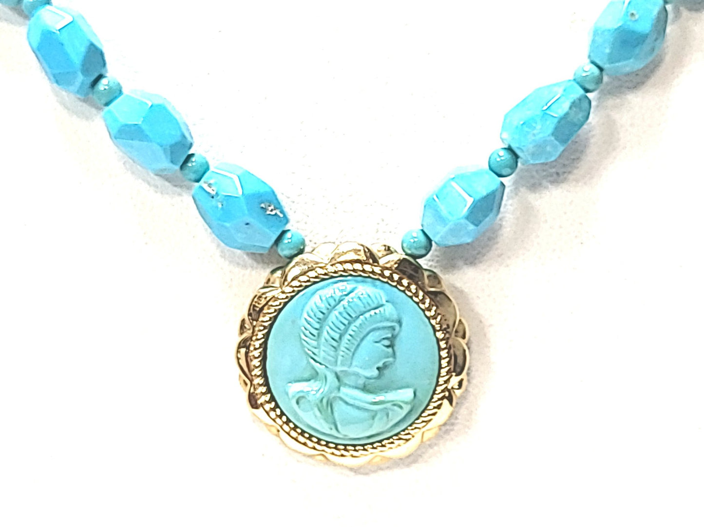 14K Yellow Gold Faceted Turquoise Bead & Cameo Necklace