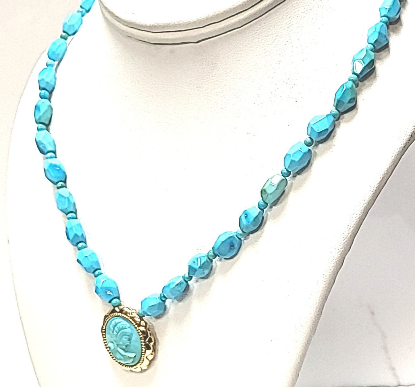 14K Yellow Gold Faceted Turquoise Bead & Cameo Necklace