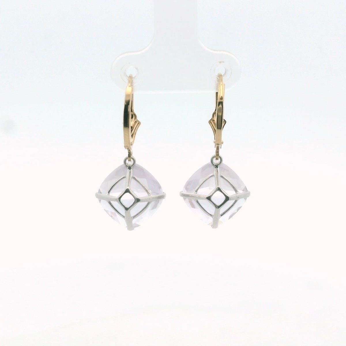 14K Two Tone Gold Rose Quartz Dangle Earrings