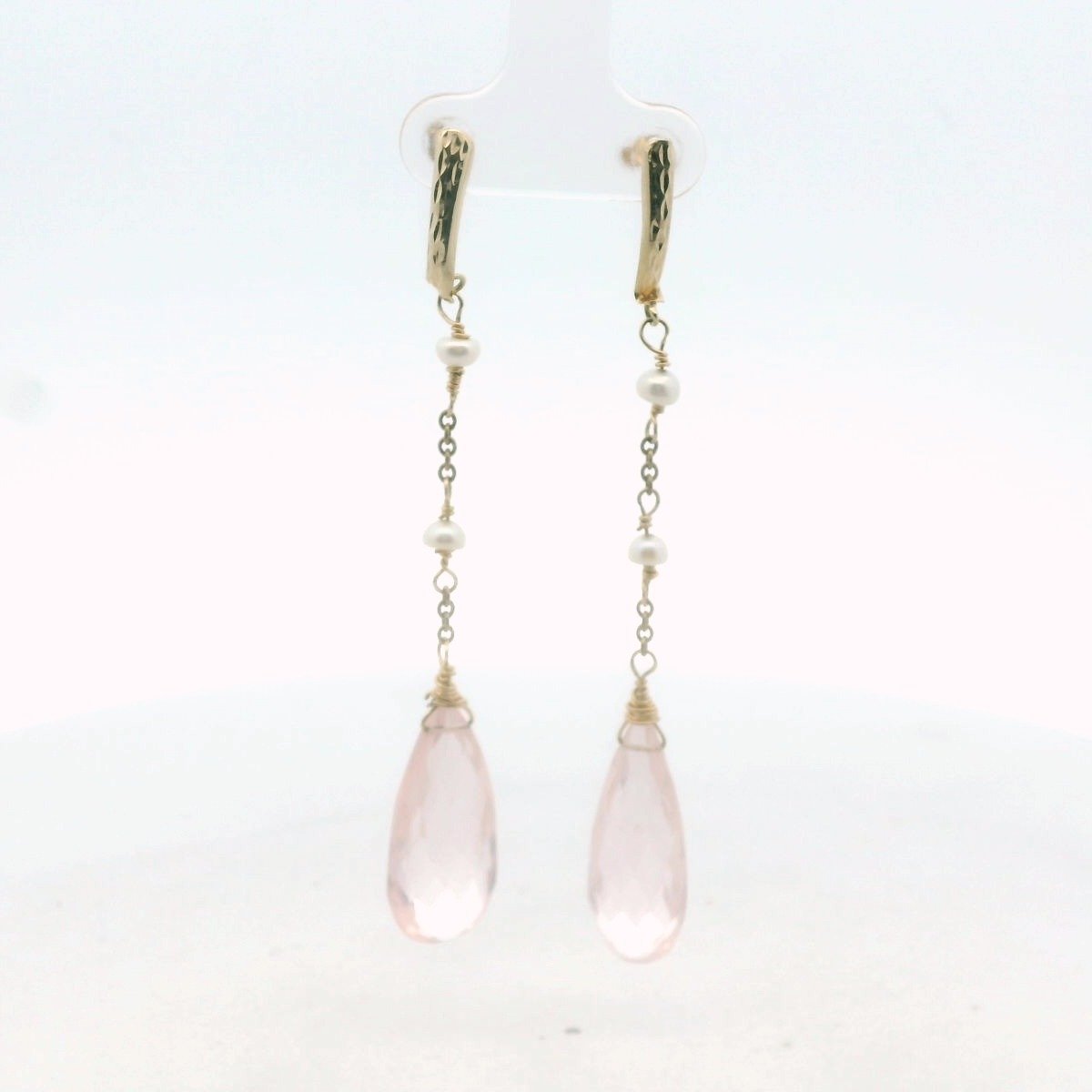 14k Yellow Gold Briolette Cut Rose Quartz & Pearl Dangle Earrings