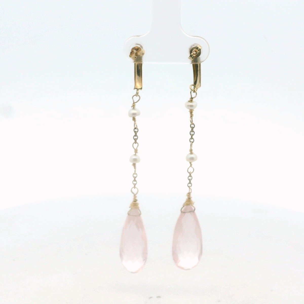 14k Yellow Gold Briolette Cut Rose Quartz & Pearl Dangle Earrings
