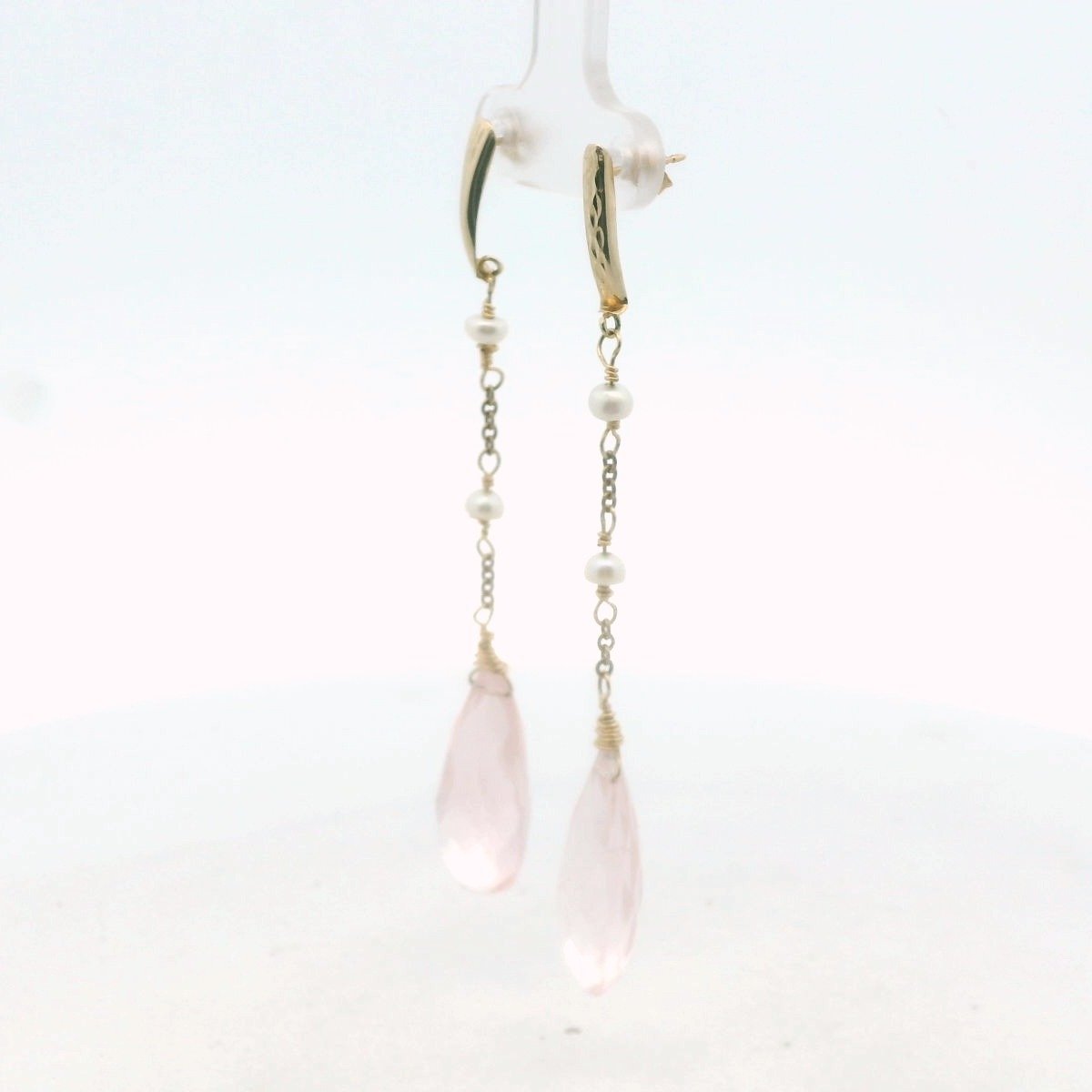 14k Yellow Gold Briolette Cut Rose Quartz & Pearl Dangle Earrings