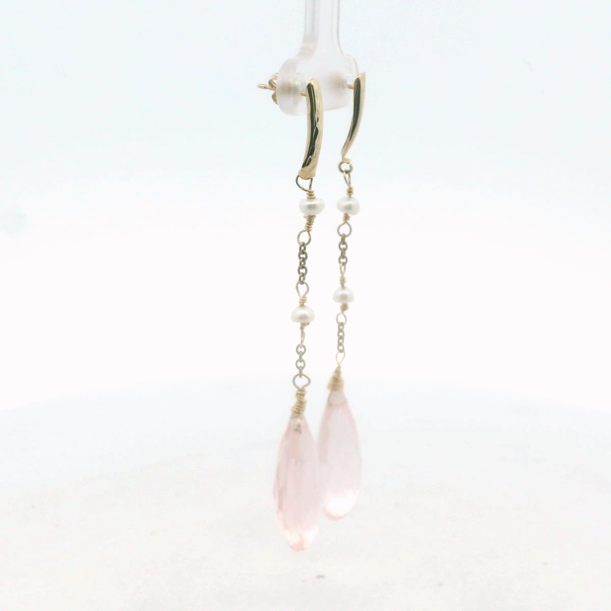 14k Yellow Gold Briolette Cut Rose Quartz & Pearl Dangle Earrings