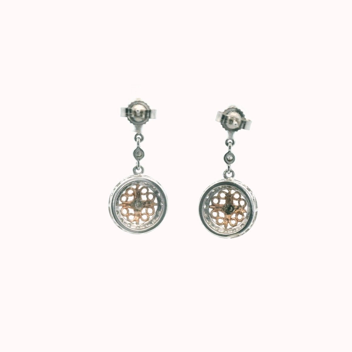 14K Two Tone Gold Diamond Circle Drop Milgrain Earrings