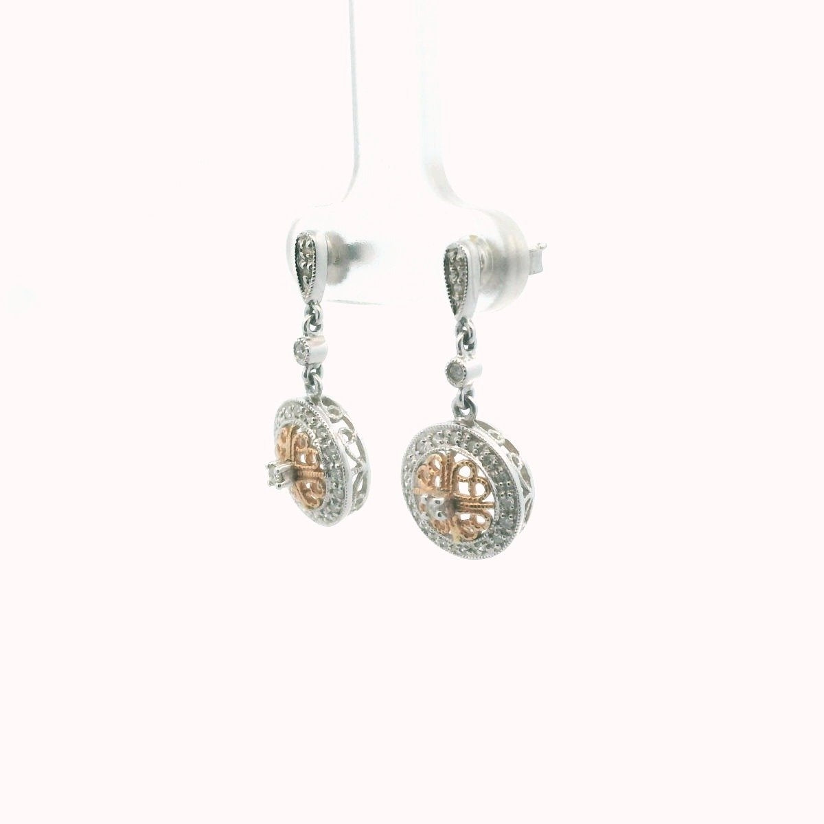 14K Two Tone Gold Diamond Circle Drop Milgrain Earrings