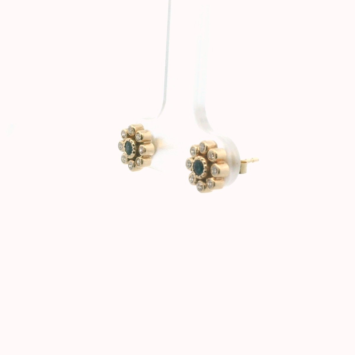 14k Yellow Gold Diamond & Sapphire Flower Cluster Earrings