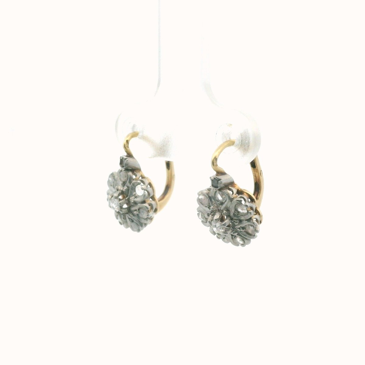 Antique 14K Gold & Platinum Rose Cut Diamond Cluster Earrings