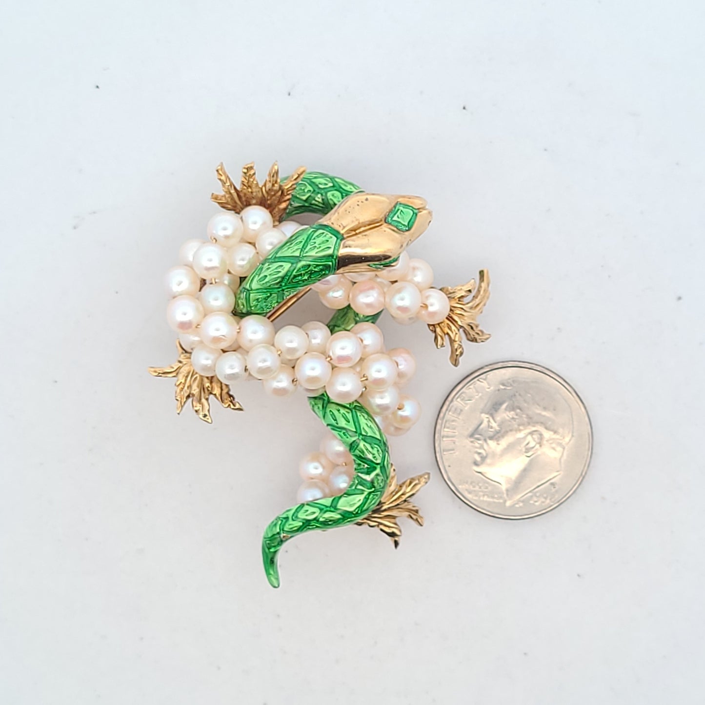 14K Yellow Gold Green Enamel Cultured Pearl Dragon Brooch