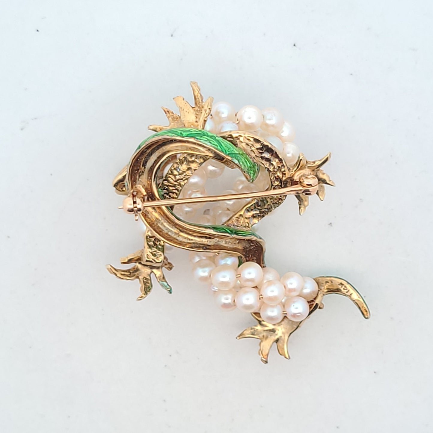 14K Yellow Gold Green Enamel Cultured Pearl Dragon Brooch
