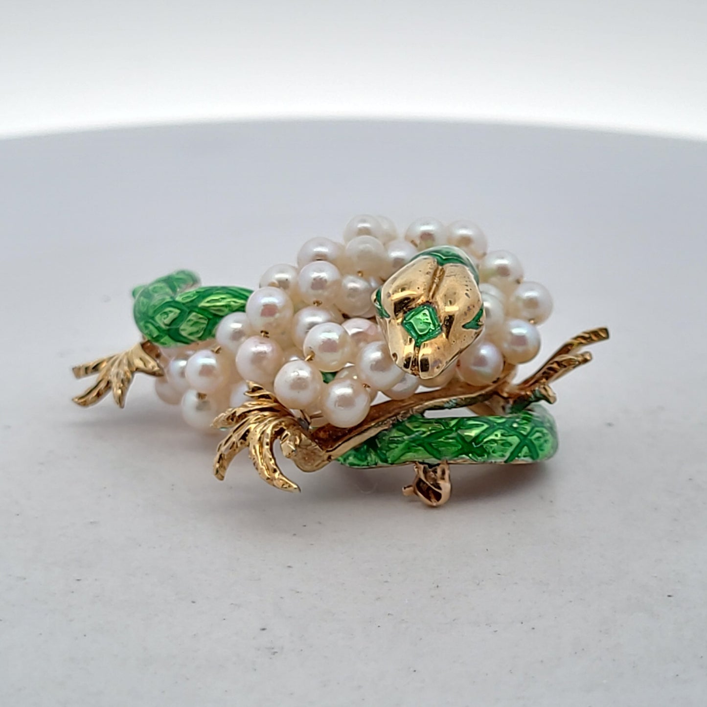 14K Yellow Gold Green Enamel Cultured Pearl Dragon Brooch