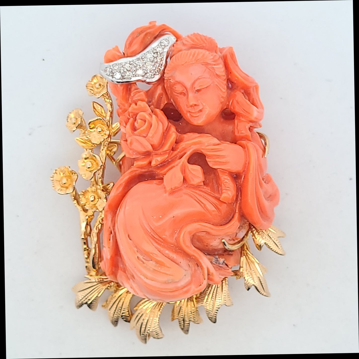 14K Yellow Gold Diamond & Carved Coral Lady With Flowers Brooch