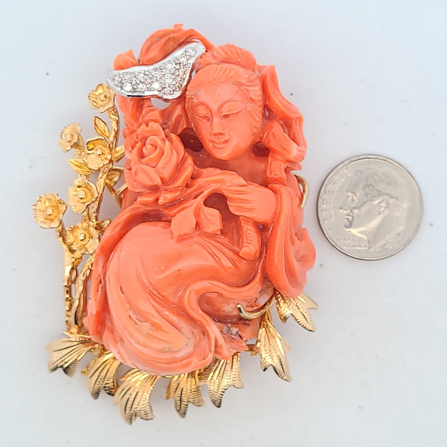 14K Yellow Gold Diamond & Carved Coral Lady With Flowers Brooch