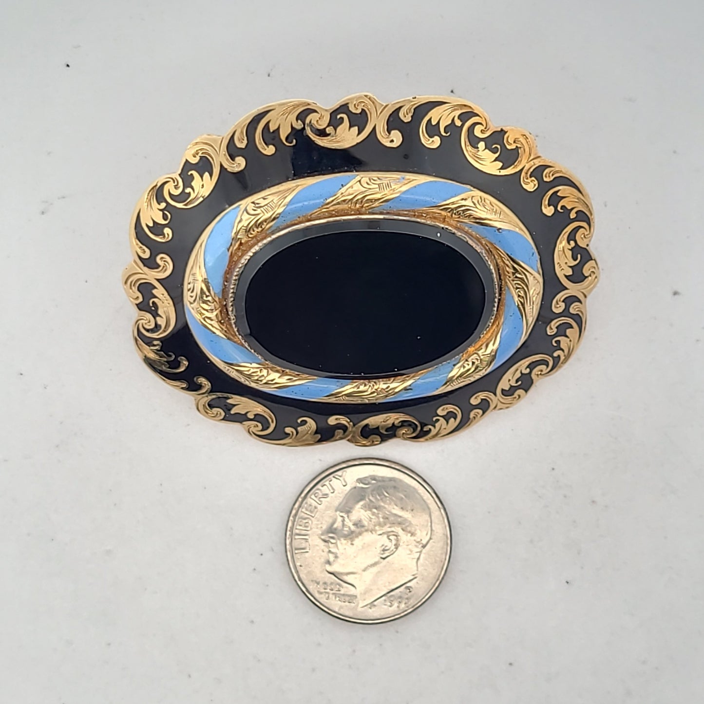 Victorian 9K Yellow Gold Onyx & Enamel Brooch