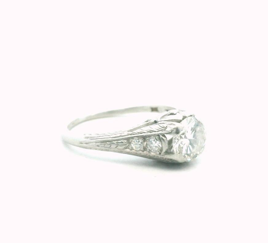 Art Deco Platinum Natural 0.90ct Diamond Engraved Engagement Ring