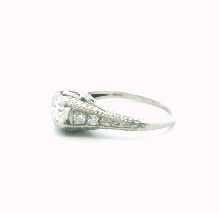 Art Deco Platinum Natural 0.90ct Diamond Engraved Engagement Ring