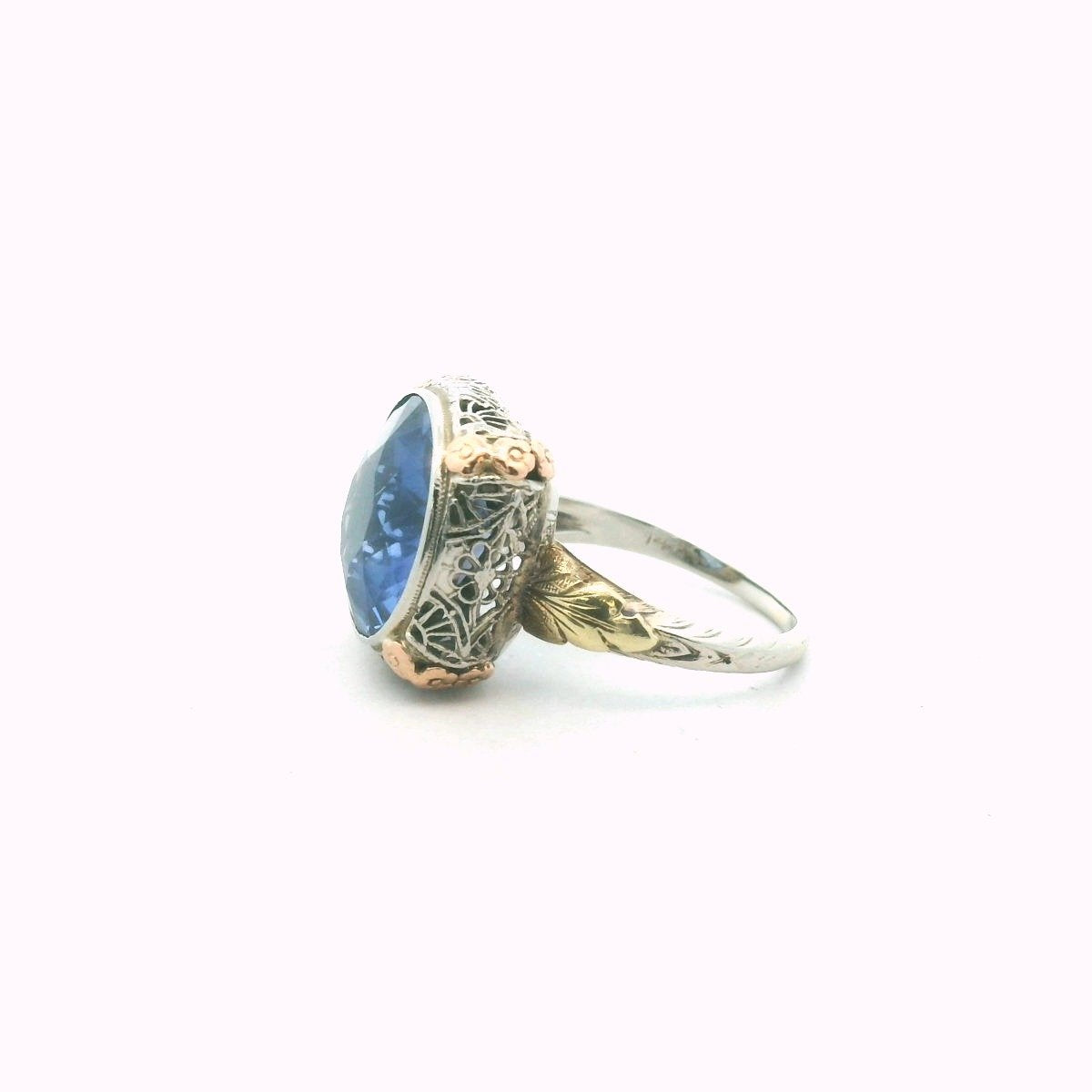 Edwardian 14K Tri-Color Gold Lab Created Sapphire Filigree Ring