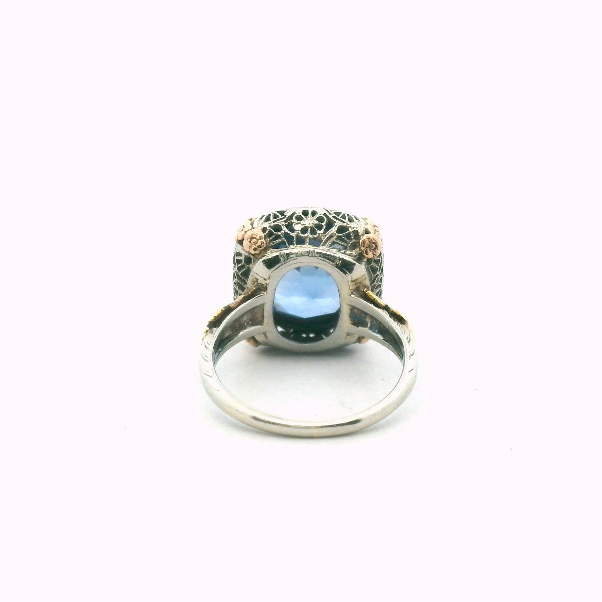 Edwardian 14K Tri-Color Gold Lab Created Sapphire Filigree Ring