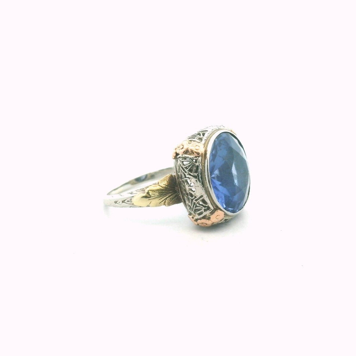 Edwardian 14K Tri-Color Gold Lab Created Sapphire Filigree Ring