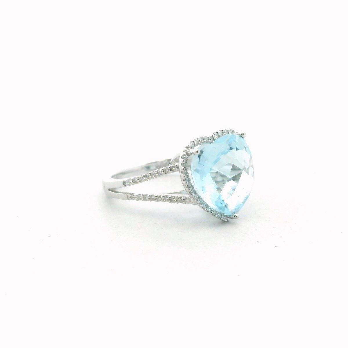 14K White Gold Diamond Blue Topaz Heart Ring