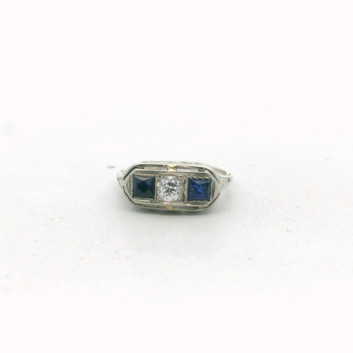 Deco 18K White Gold Diamond & Lab created Sapphire Ring
