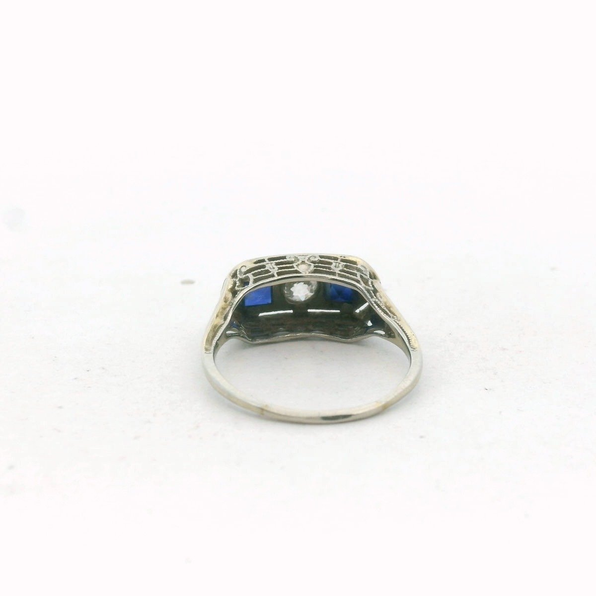 Deco 18K White Gold Diamond & Lab created Sapphire Ring