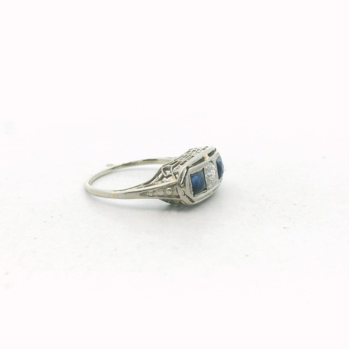 Deco 18K White Gold Diamond & Lab created Sapphire Ring