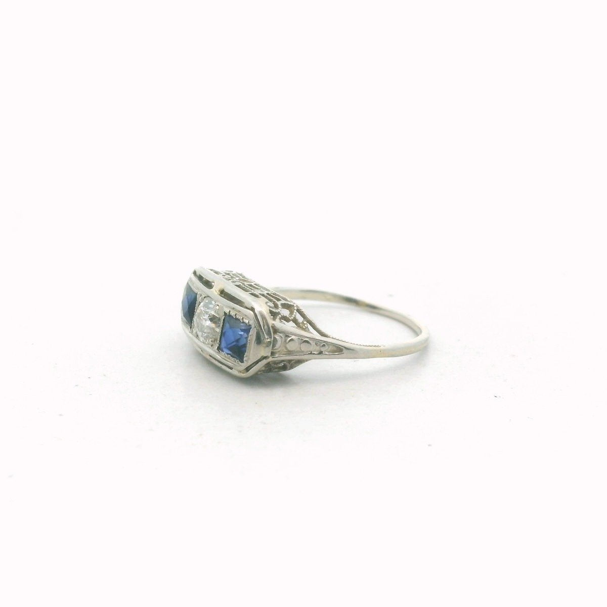 Deco 18K White Gold Diamond & Lab created Sapphire Ring