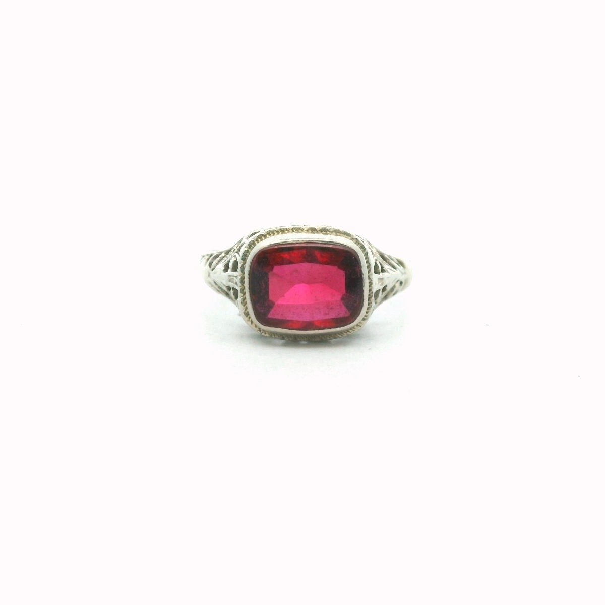 Antique 14K White Gold Lab Created Ruby Filigree Ring