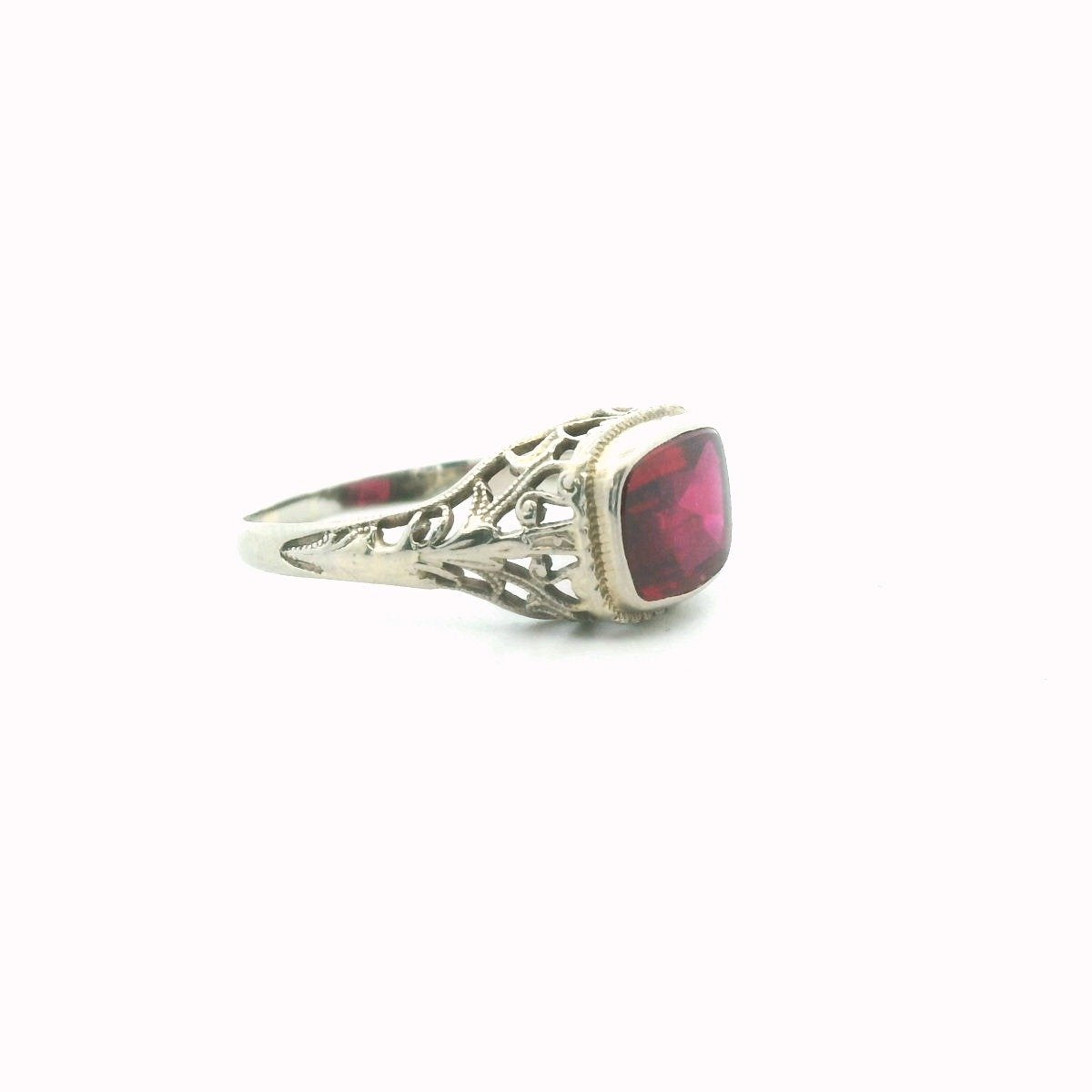 Antique 14K White Gold Lab Created Ruby Filigree Ring